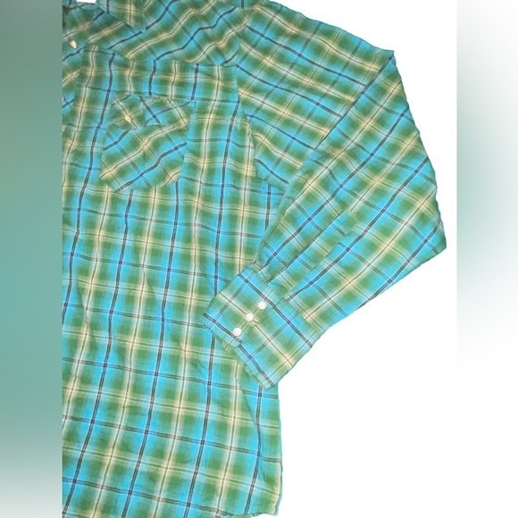 Wrangler Wrancher Pearl Snap Button Up Shirt Blue Plaid Cotton XL Vintage 90s - Picture 2 of 7